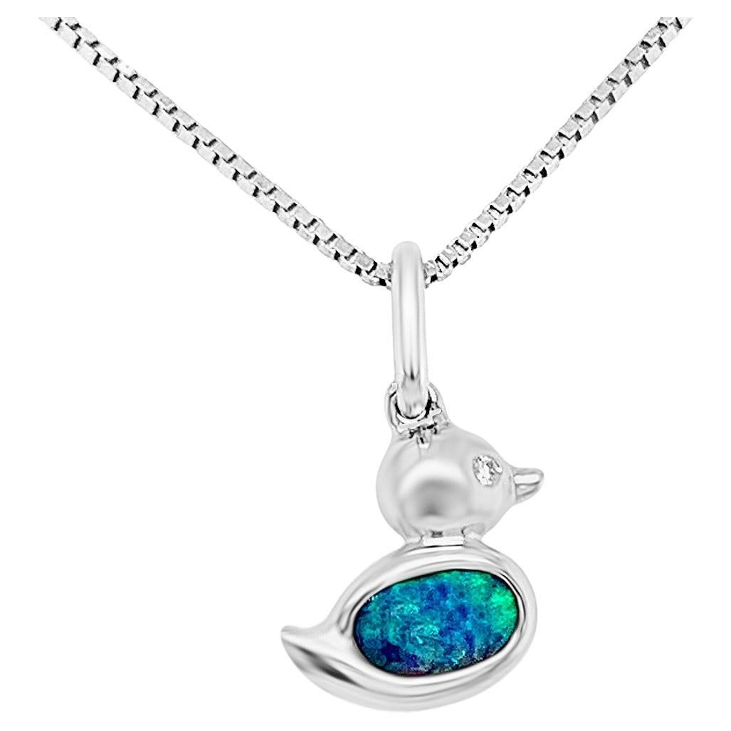 Natural Untreated Australian 0.35ct Black Opal Pendant Necklace 18K White Gold For Sale