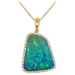 Natural Untreated Australian 16.30ct Boulder Opal Diamonds Necklace 18k Gold