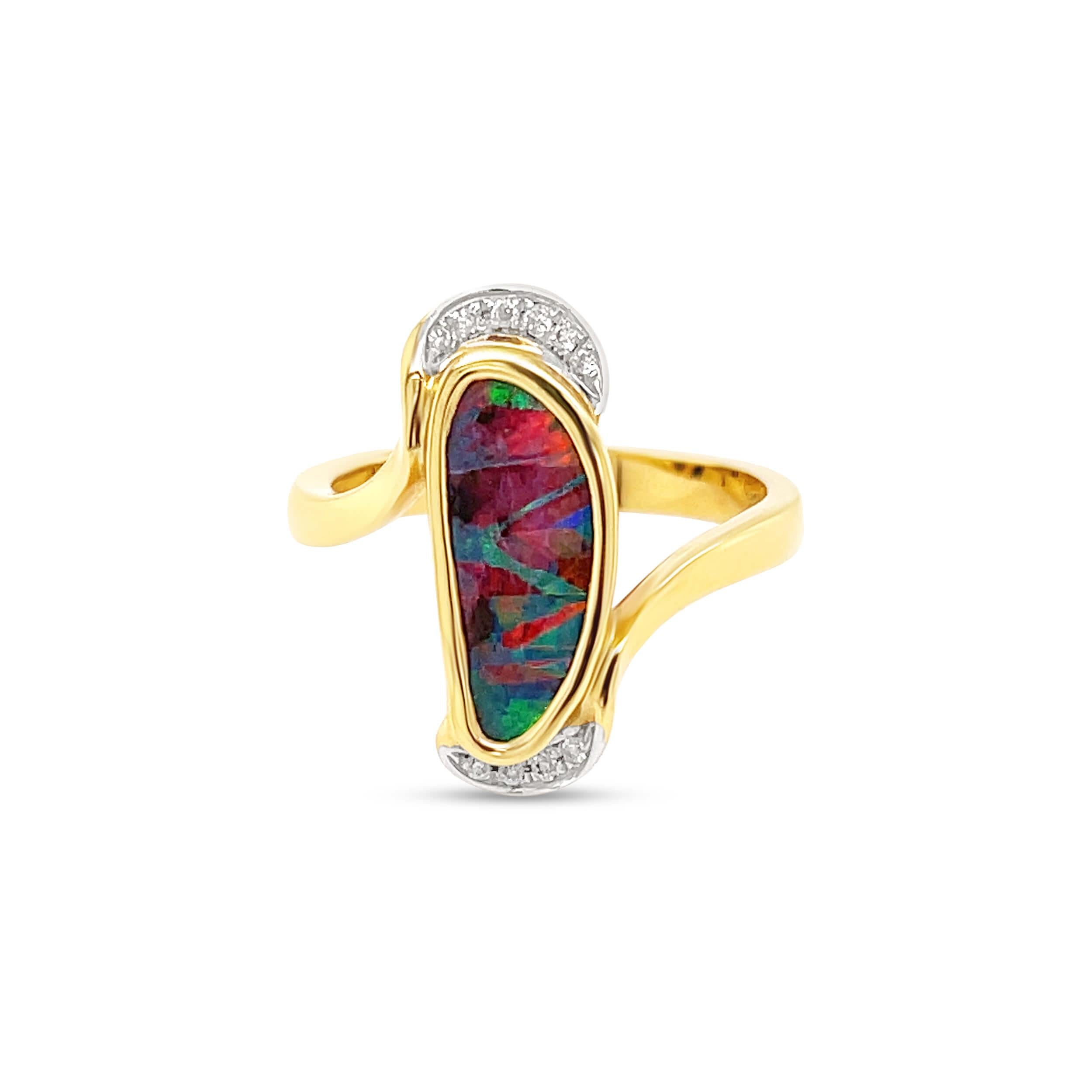 Contemporary Natural Untreated Australian 2.35ct Boulder Opal Engagement Ring 18K Yellow Gold
