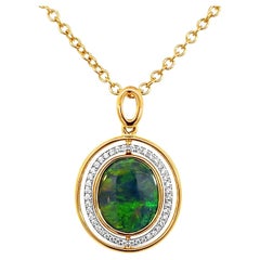 Natural Untreated Australian 2.65Ct Boulder Opal Diamonds Halo Necklace 18k Gold