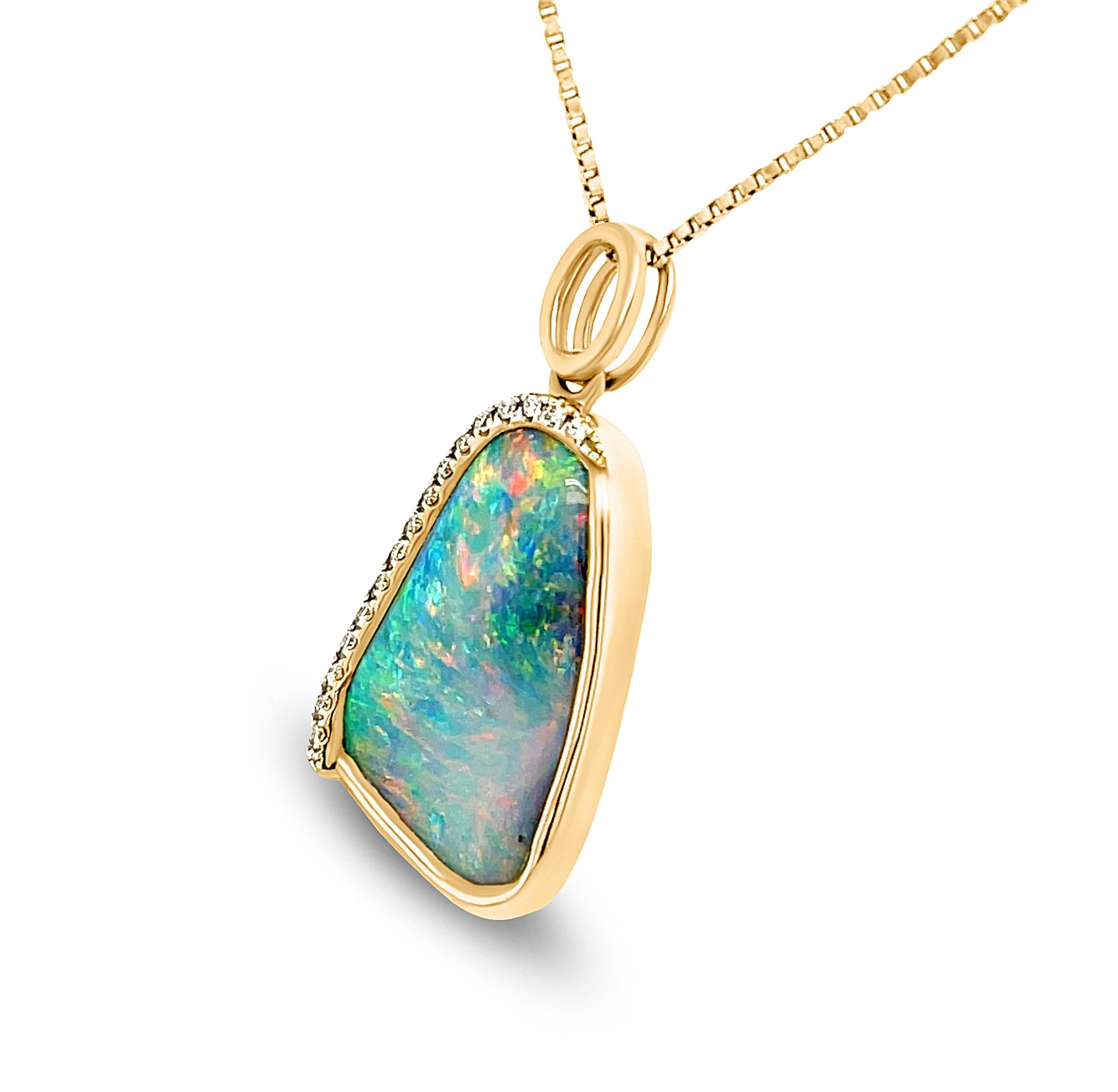 Contemporary Natural Untreated Australian 6.65ct Boulder Opal Diamonds Necklace 18k Gold For Sale