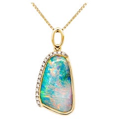 Natural Untreated Australian 6.65ct Boulder Opal Diamonds Necklace 18k Gold