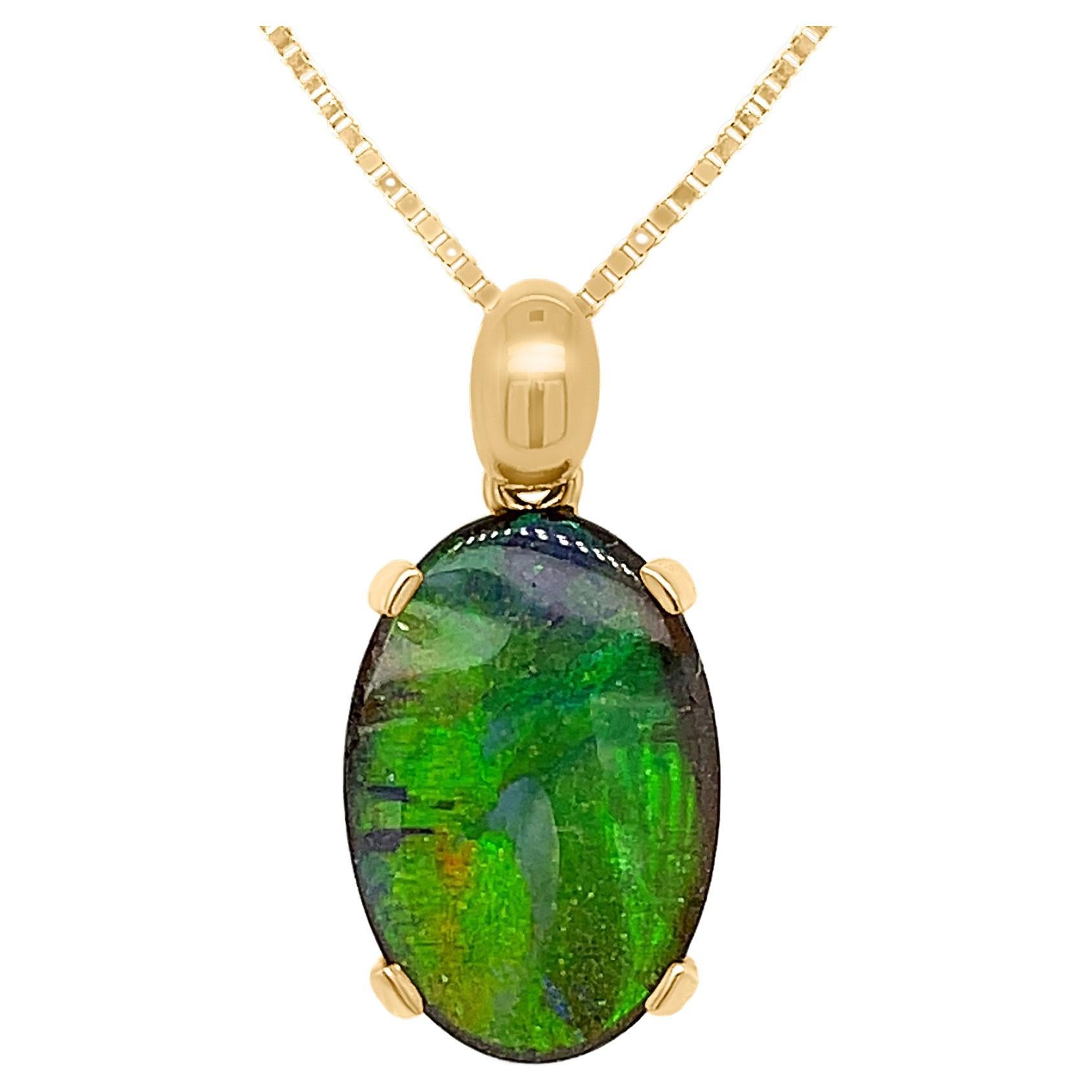 Natural Untreated Australian 7.89 Carat Boulder Opal Pendant Necklace 18k Gold For Sale