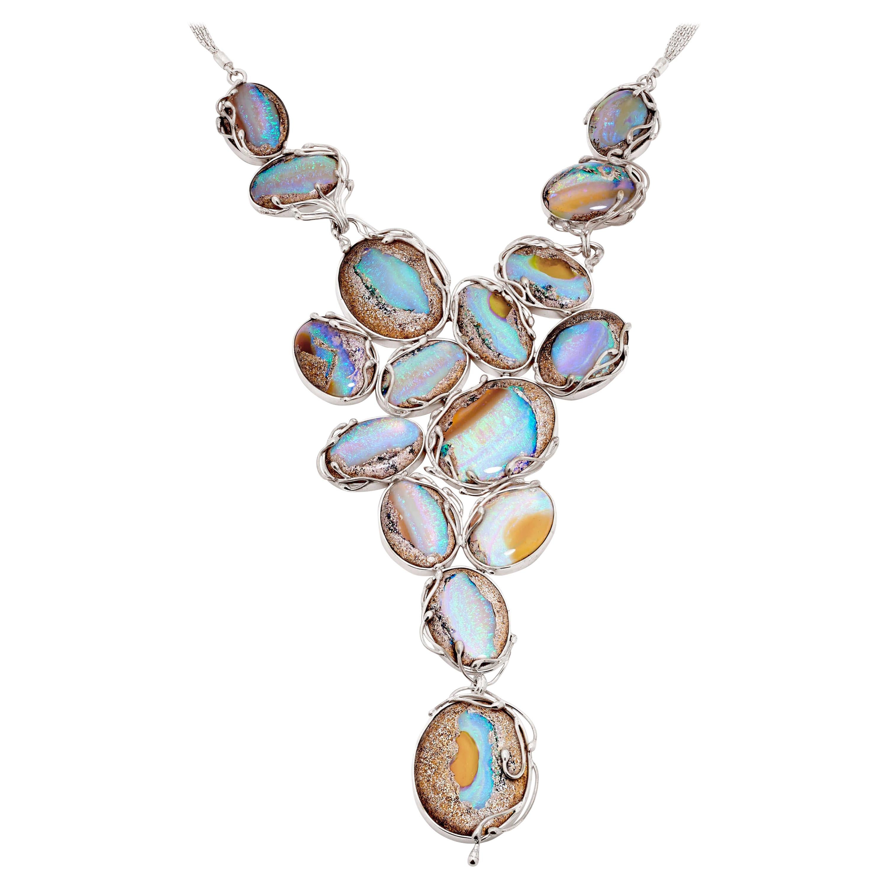 Natural Untreated Australian Boulder Opal Necklace in Sterling Silver For Sale