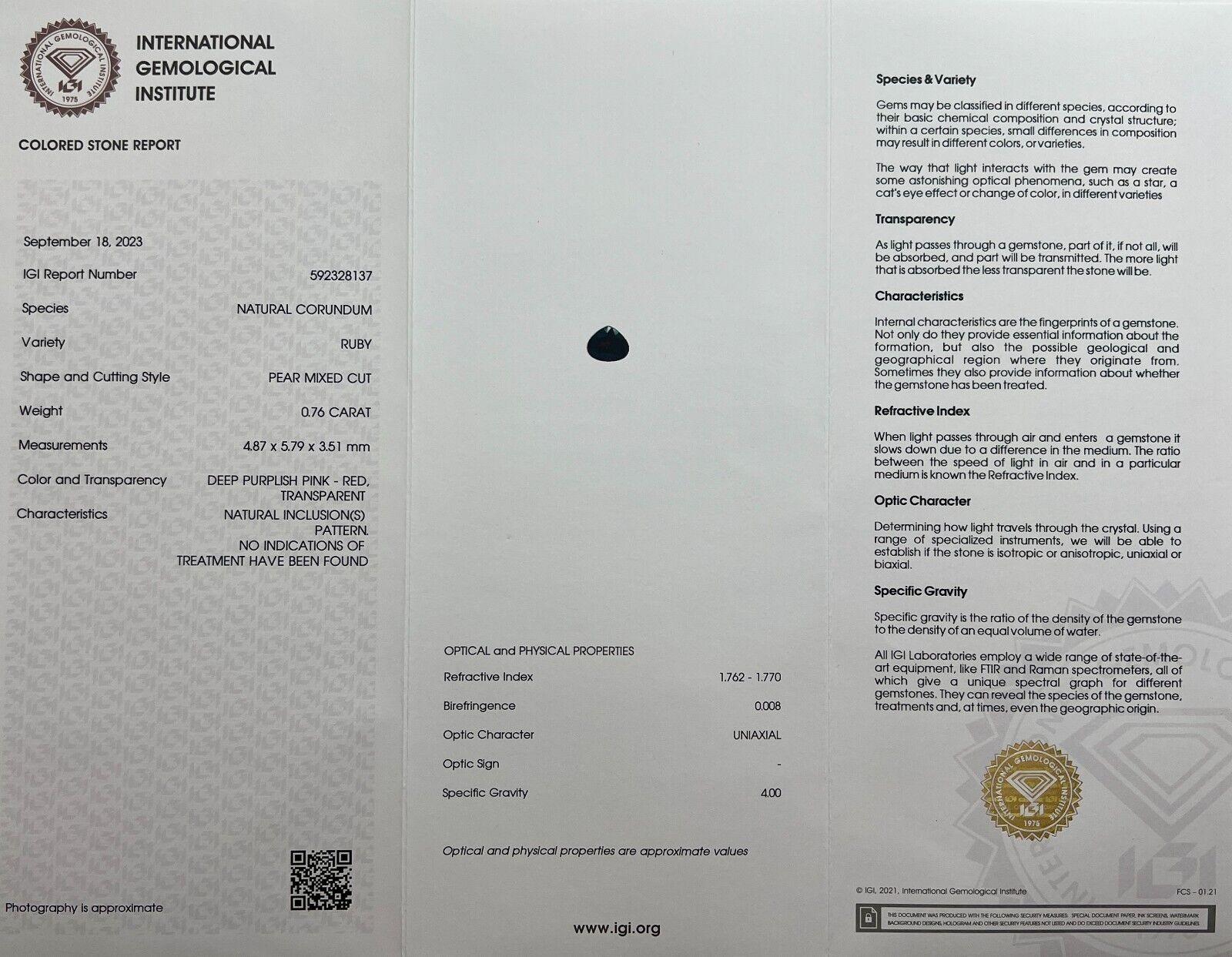 Natürlicher unbehandelter tiefroter Rubin Birnenschliff 0,76Ct IGI zertifiziert seltener Edelstein im Angebot 1