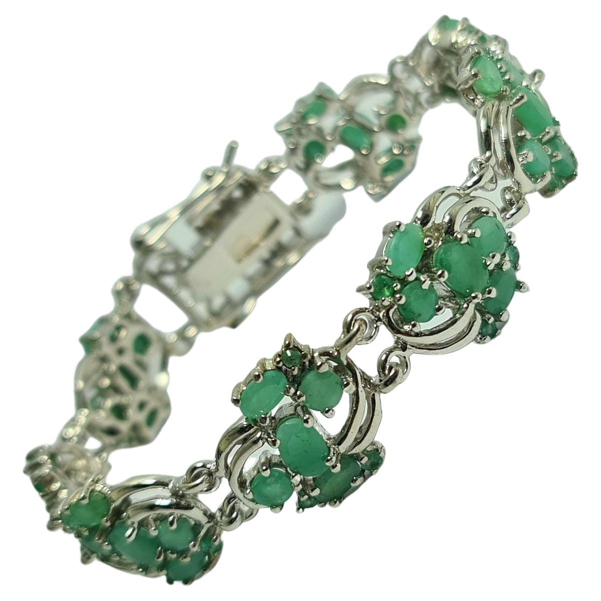 Natural Untreated Emerald .925 Sterling Silver Rhodium Plated Bracelet