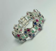 Natural Untreated Emerald Ruby Sapphire .925 Sterling Silver Rhodium Bracelet