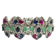 Natural Untreated Emerald Ruby Sapphire .925 Sterling Silver Rhodium Bracelet