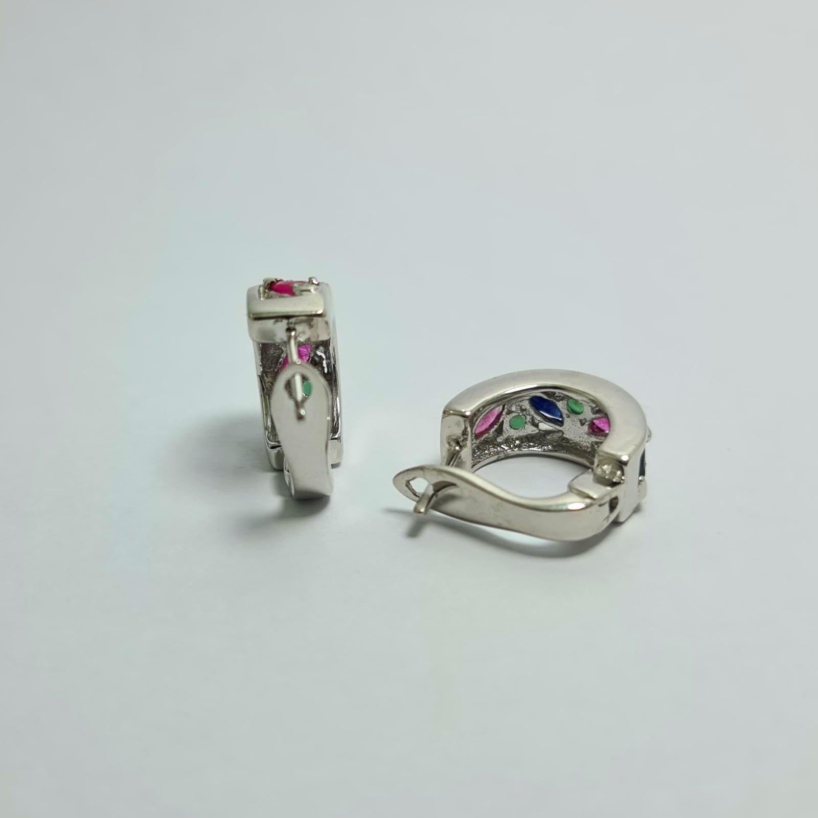 Oval Cut Natural Untreated Emerald Ruby Sapphire Sterling Silver Rhodium Plated Earrings  For Sale