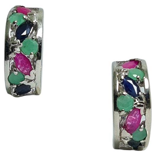 Natural Untreated Emerald Ruby Sapphire Sterling Silver Rhodium Plated Earrings  For Sale