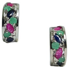 Natural Untreated Emerald Ruby Sapphire Sterling Silver Rhodium Plated Earrings 
