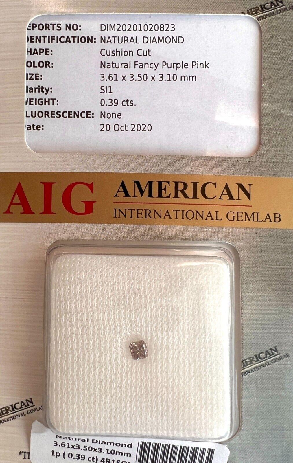 Natural Untreated Fancy Purple Pink Diamond 0.39ct AIG Certified Blister SI1 Cut In New Condition For Sale In Birmingham, GB