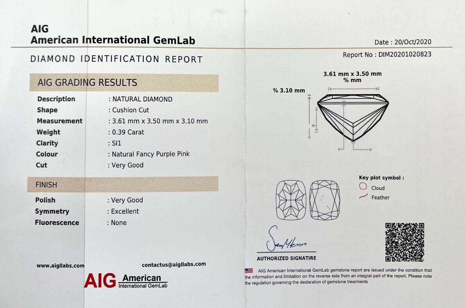 Natürlicher unbehandelter Fancy Purple Pink Diamond 0,39ct AIG zertifiziert Blister SI1 Schliff im Angebot 1