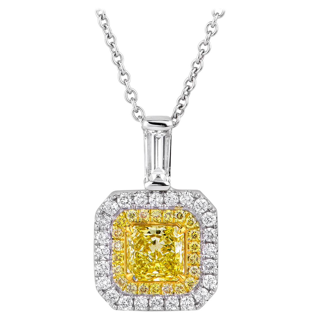 Natural Untreated Fancy Yellow Diamond 1.11 Carat Radiant Shape Necklace