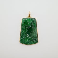Natural Untreated Fei Cui (Guatemalan Jade) Hand-Carved Landscape Pendant in 18K