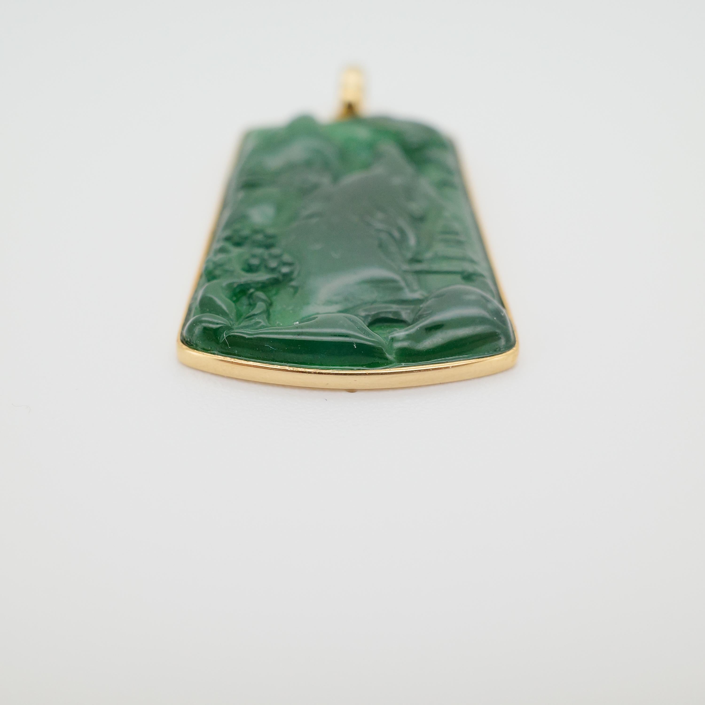 Artisan Natural Untreated Fei Cui (Guatemalan Jade) Hand-Carved Landscape Pendant in 18K For Sale