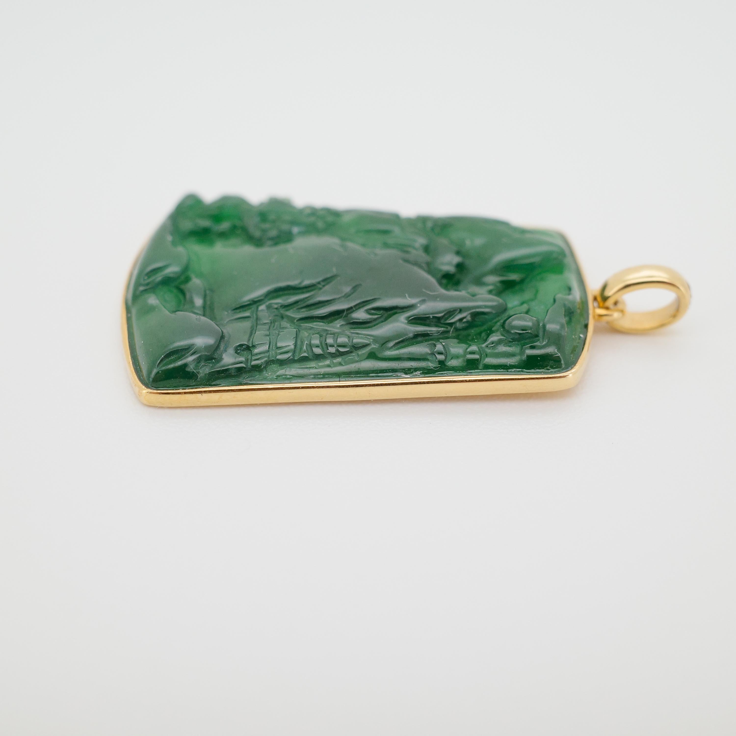 Uncut Natural Untreated Fei Cui (Guatemalan Jade) Hand-Carved Landscape Pendant in 18K For Sale
