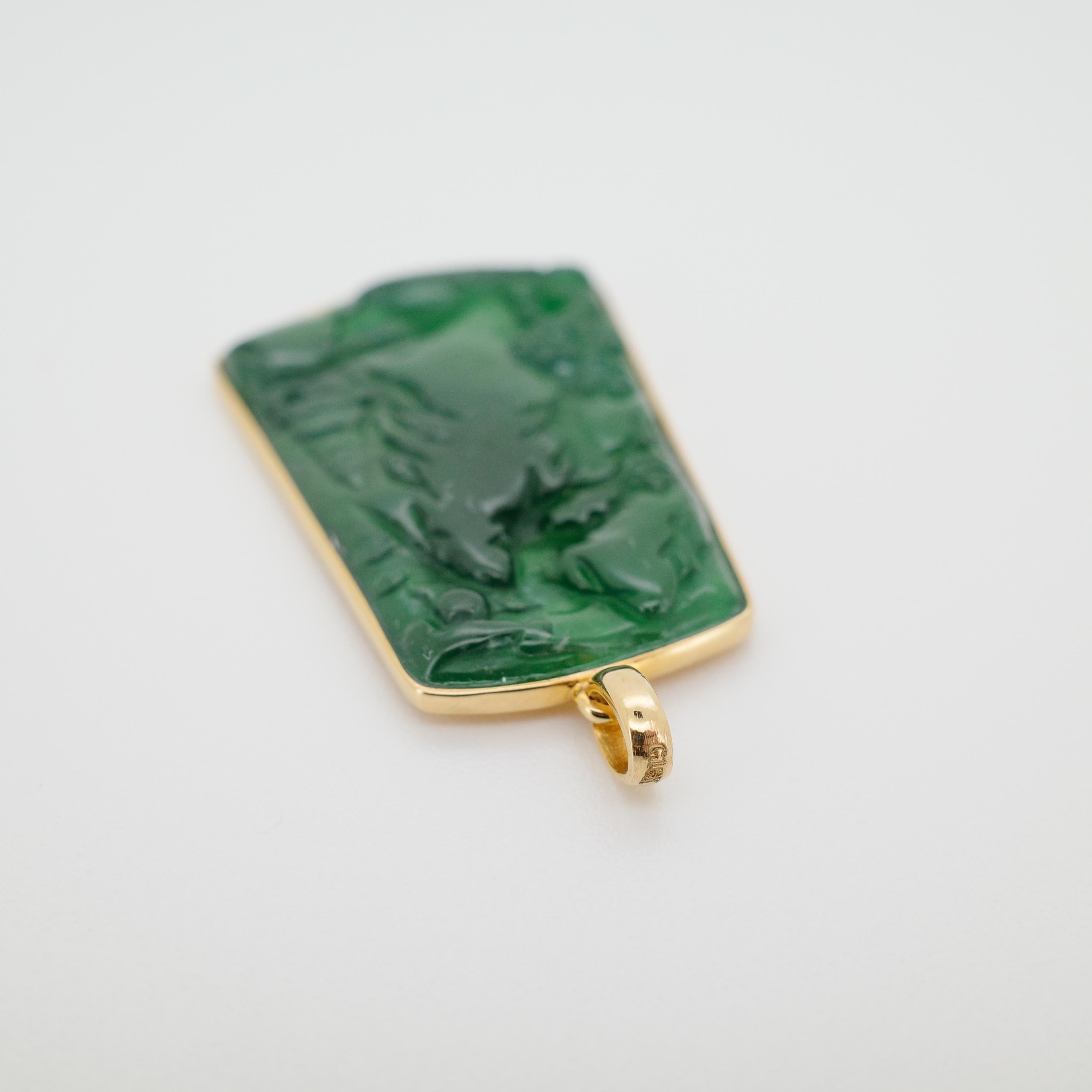 Natural Untreated Fei Cui (Guatemalan Jade) Hand-Carved Landscape Pendant in 18K In New Condition For Sale In Northampton, MA