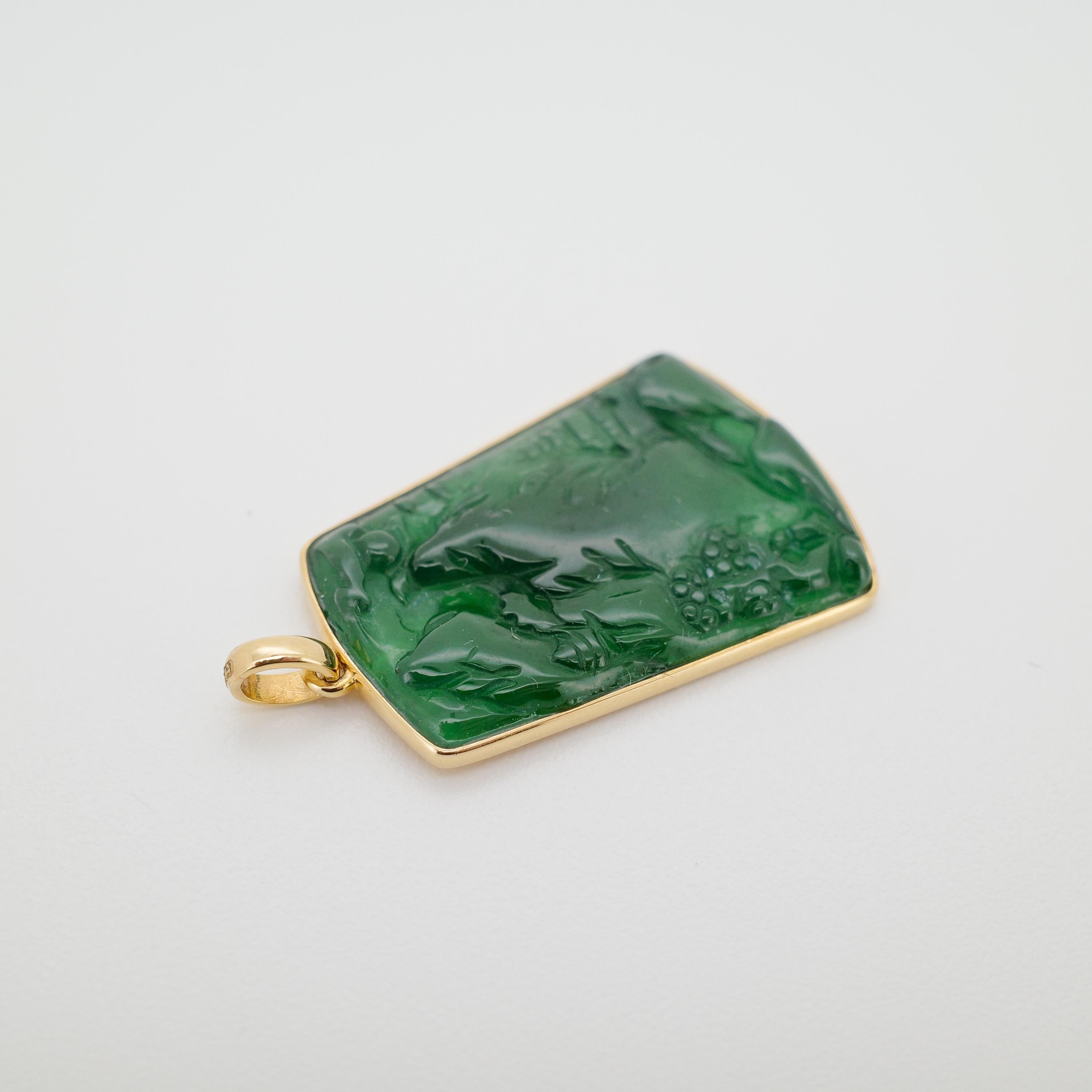 Women's or Men's Natural Untreated Fei Cui (Guatemalan Jade) Hand-Carved Landscape Pendant in 18K For Sale