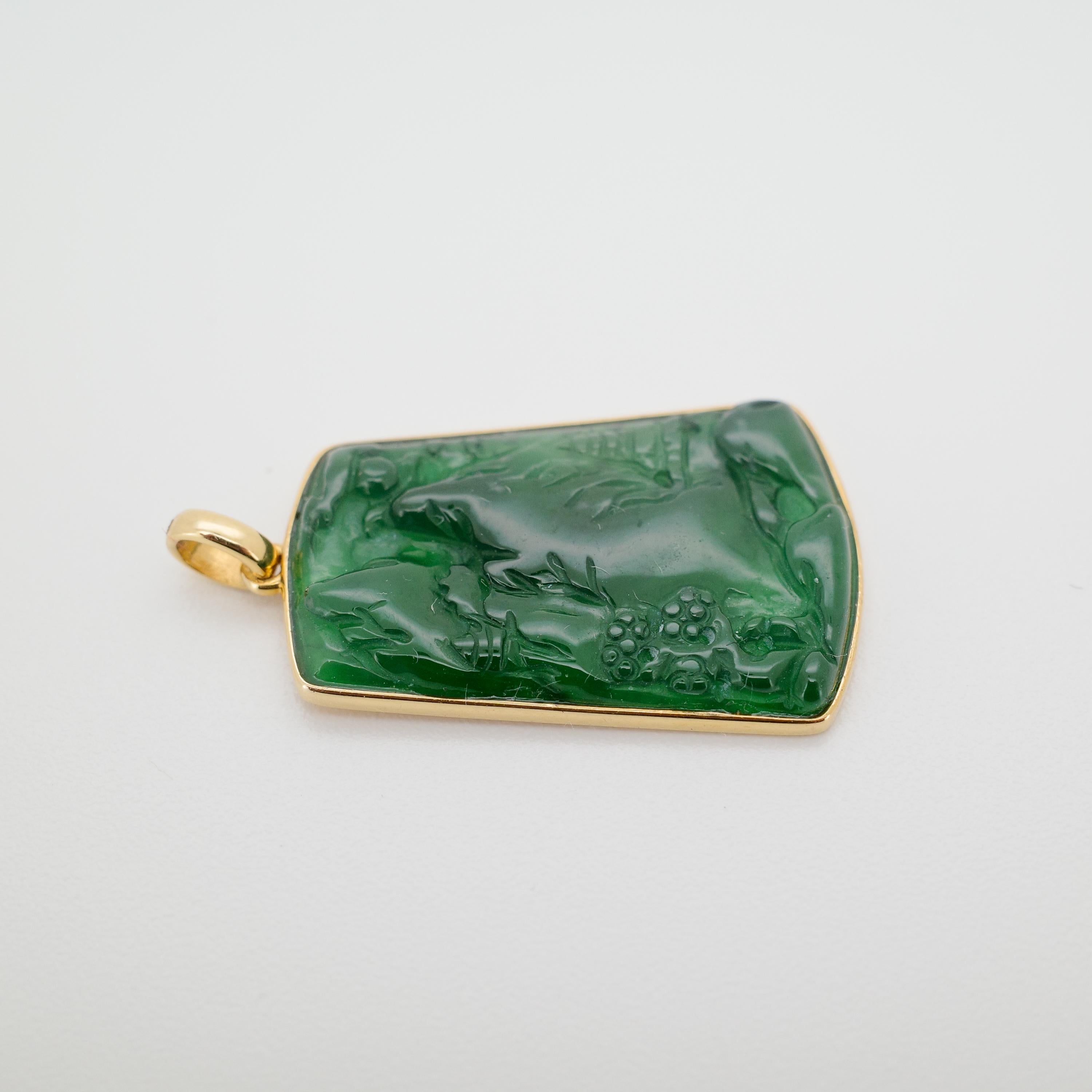 Natural Untreated Fei Cui (Guatemalan Jade) Hand-Carved Landscape Pendant in 18K For Sale 1