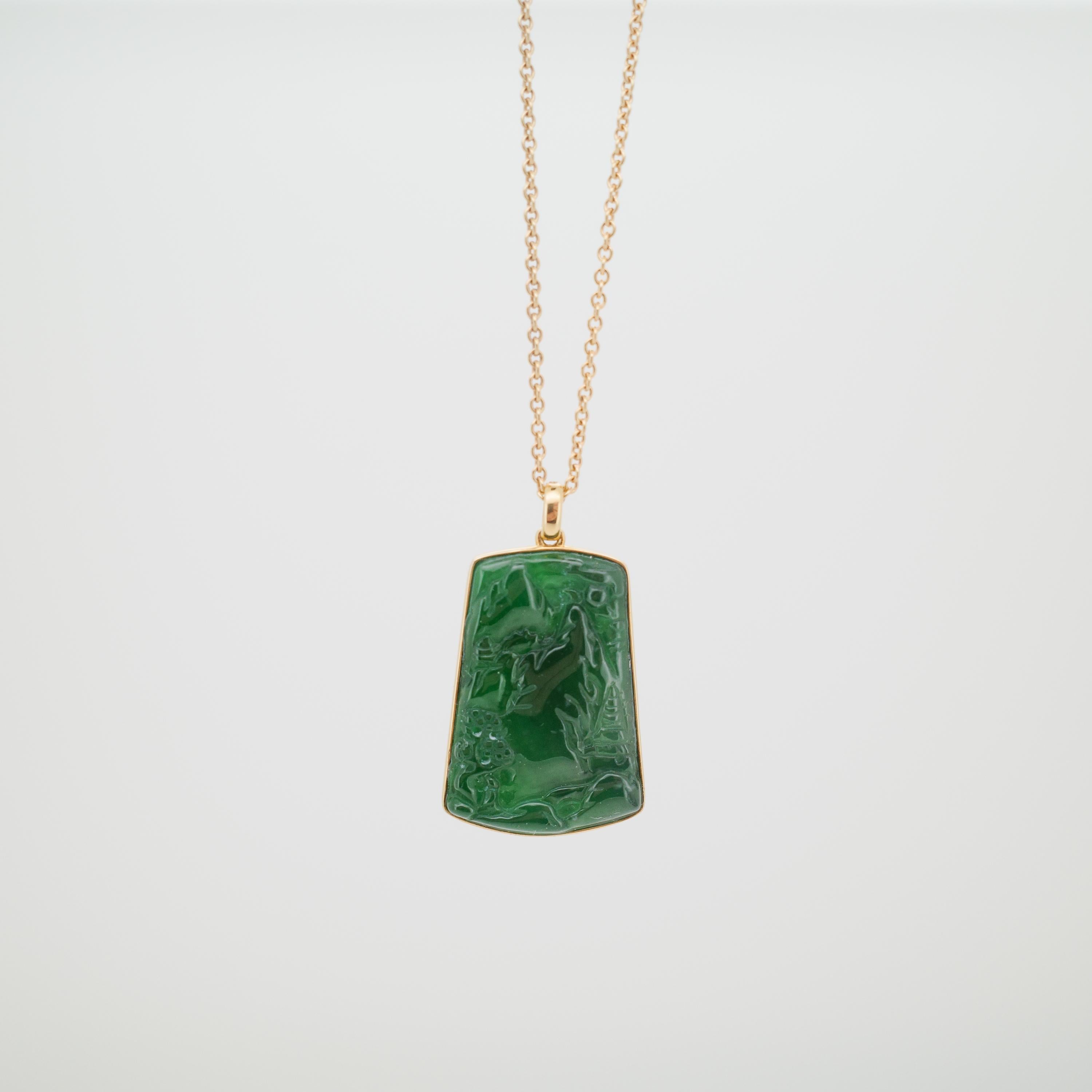 Natural Untreated Fei Cui (Guatemalan Jade) Hand-Carved Landscape Pendant in 18K For Sale 3