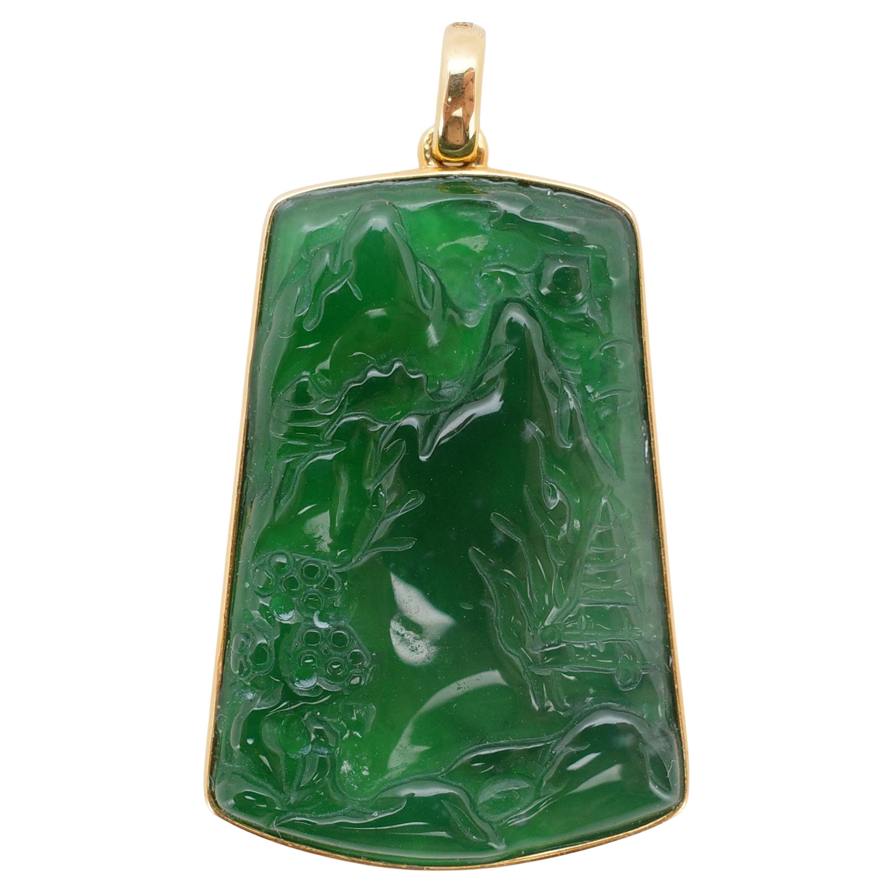 Natural Untreated Fei Cui (Guatemalan Jade) Hand-Carved Landscape Pendant in 18K For Sale