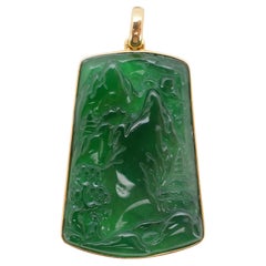 Natural Untreated Fei Cui (Guatemalan Jade) Hand-Carved Landscape Pendant in 18K