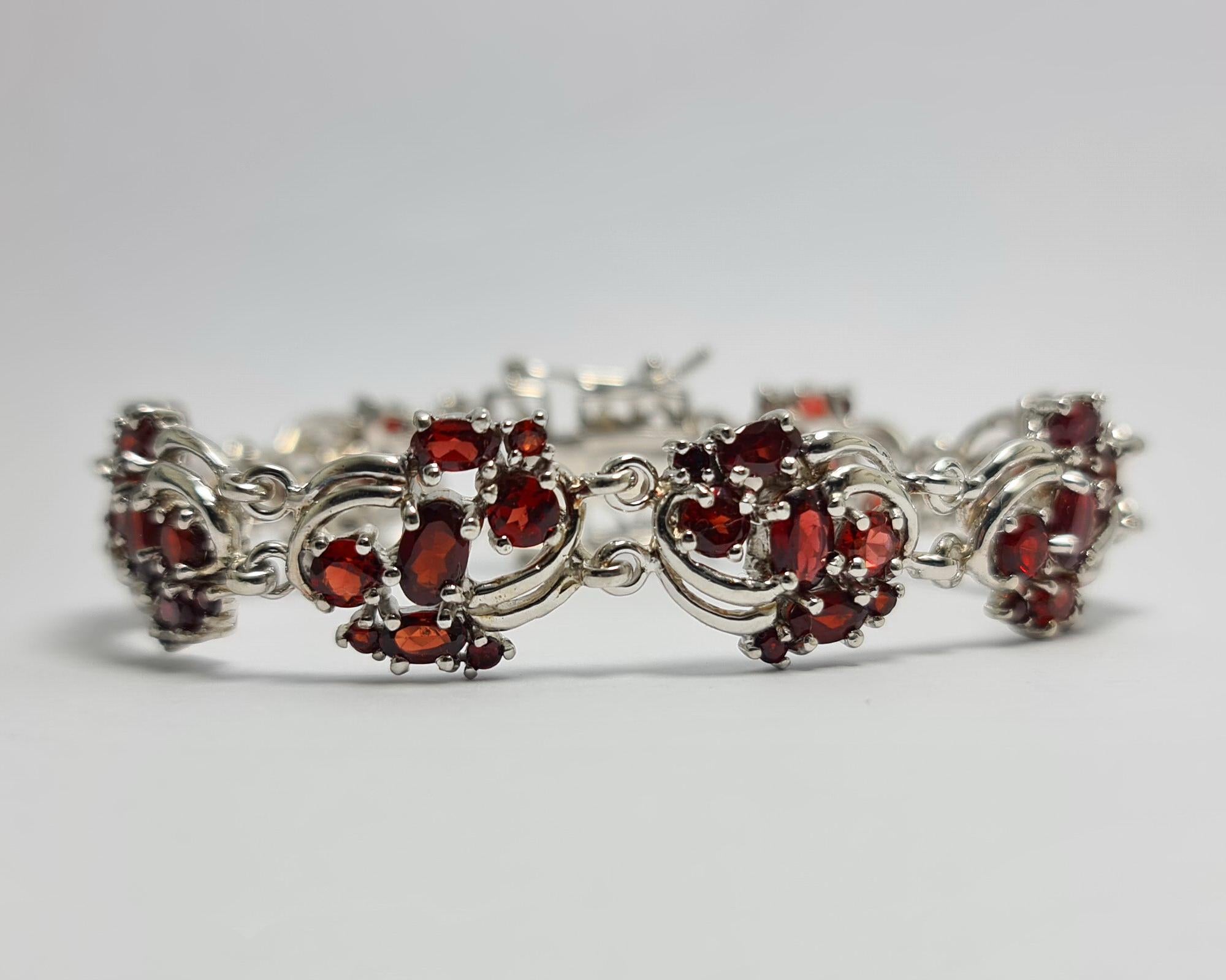 Natural Untreated Red Garnet set in Pure .925 Sterling Silver Rhodium Plated Bracelet 