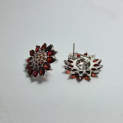 16Cts Natural Untreated Garnet Sterling Silver Rhodium Plated Sunflower Earrings