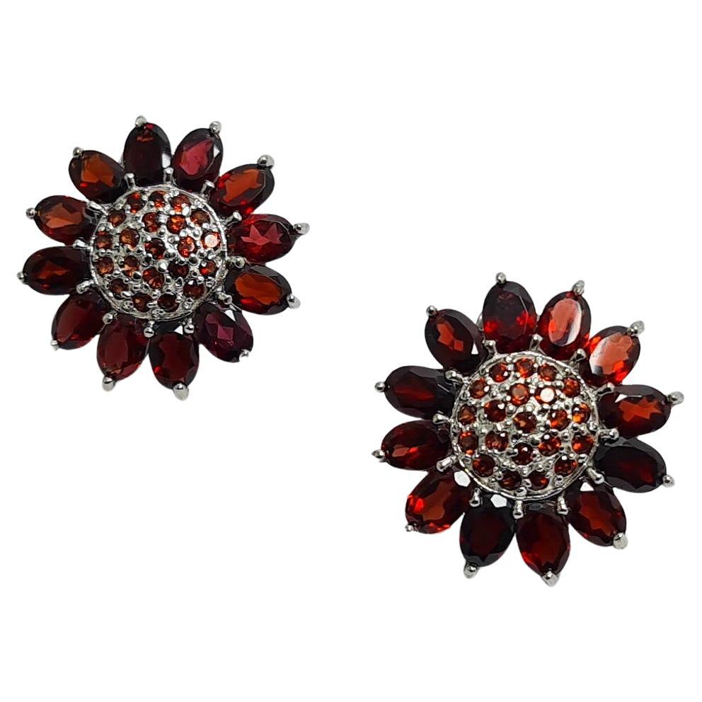 16Cts Natural Untreated Garnet Sterling Silver Rhodium Plated Sunflower Earrings For Sale