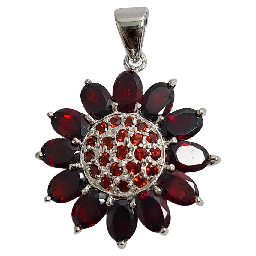 8Cts Natural Untreated Garnet SunFlower Sterling Silver Rhodium Plated Pendant