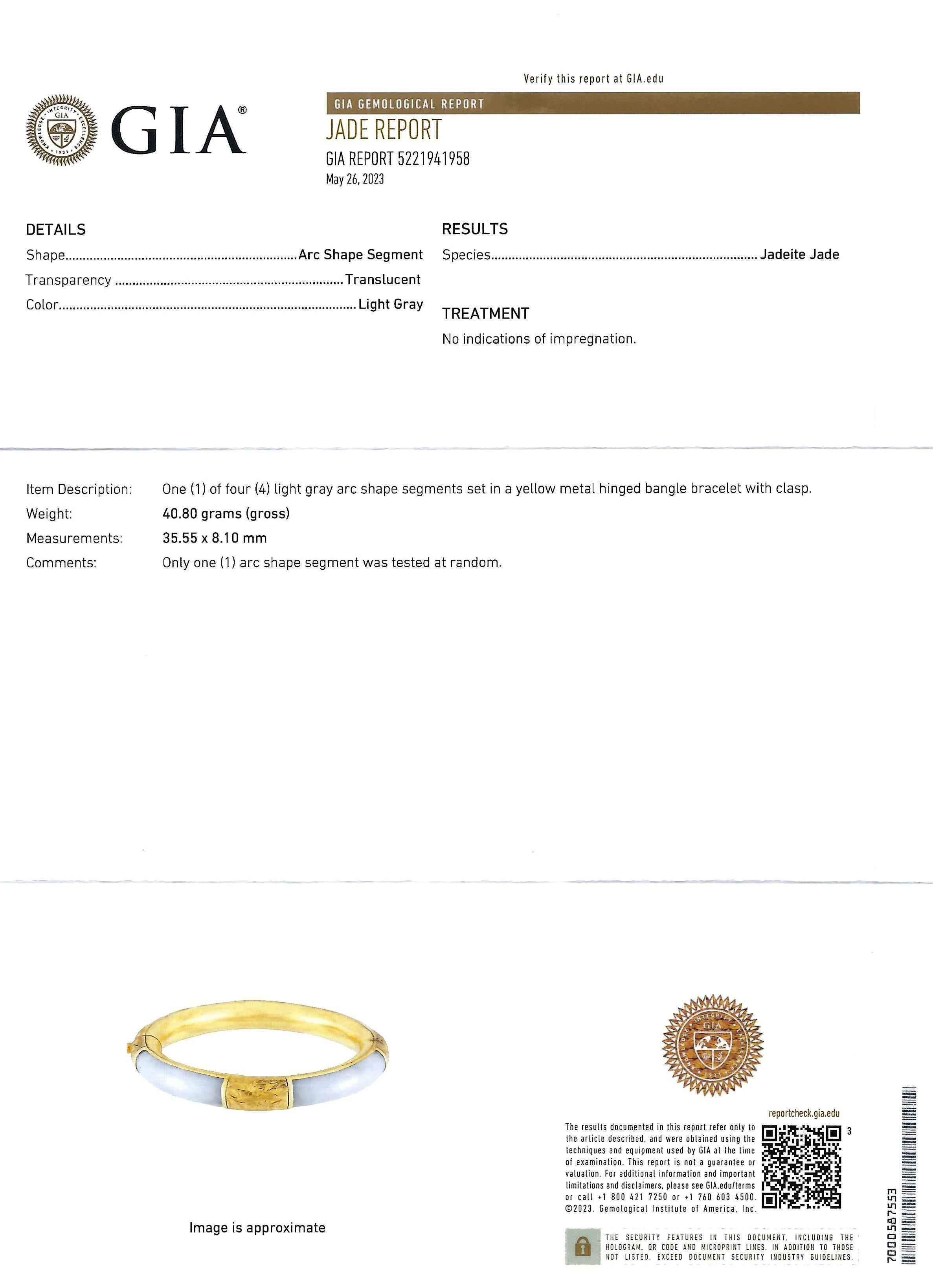 Natural Untreated GIA Certified Jadeite Jade, 14K Gold Hinged Bangle Bracelet For Sale 4