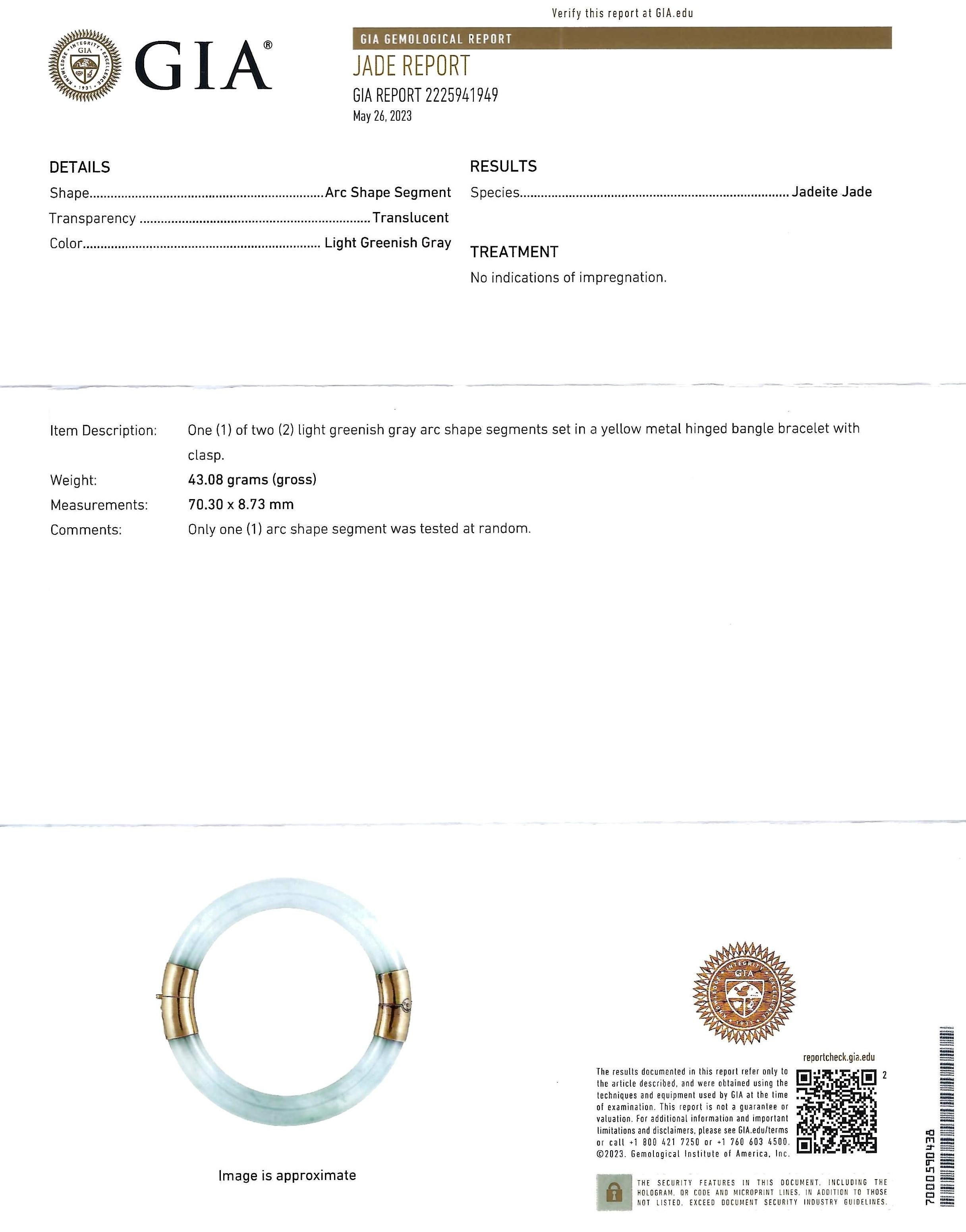 Natural Untreated GIA Certified Jadeite Jade, 14K Gold Hinged Bangle Bracelet For Sale 5