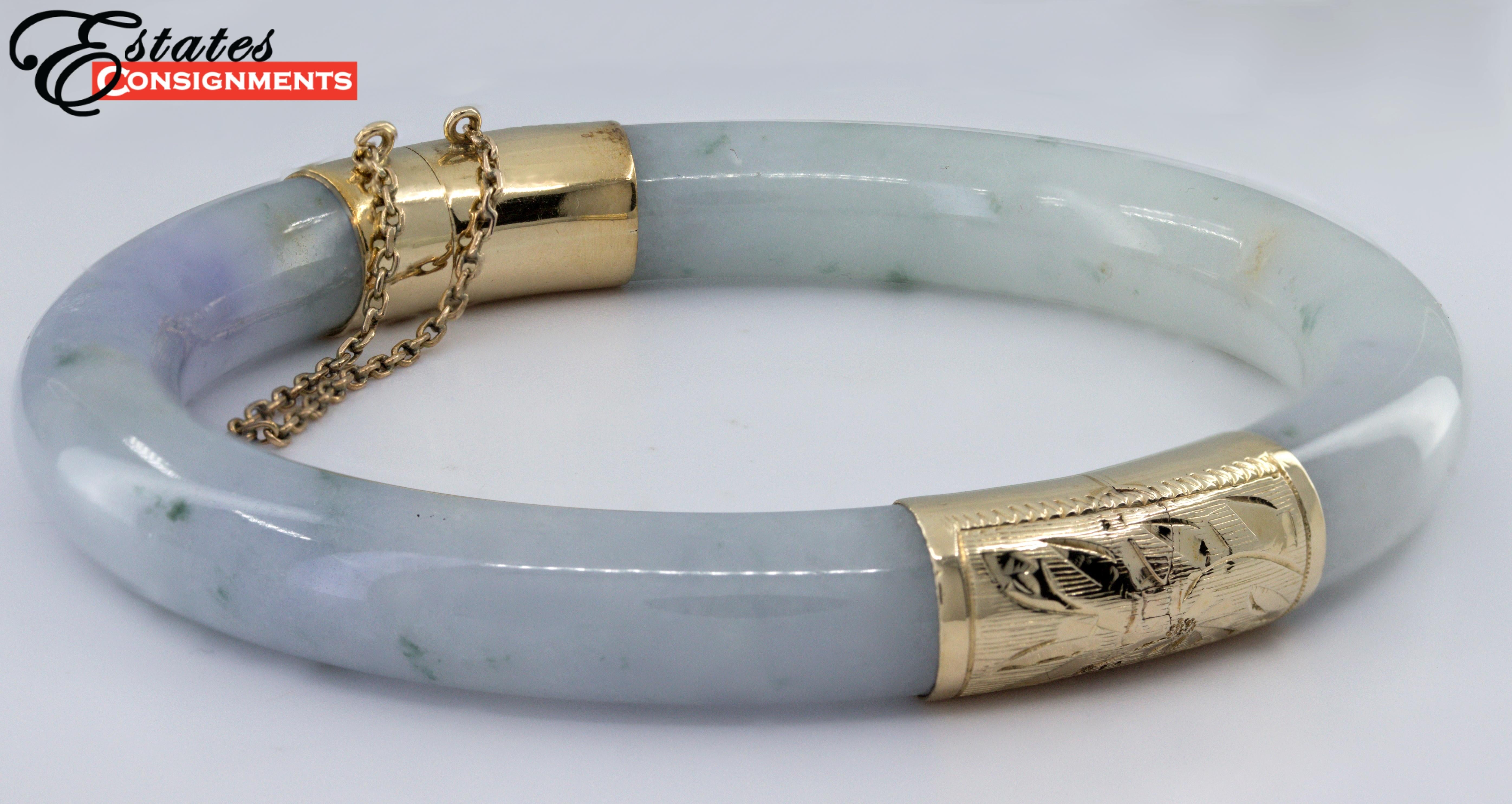 Natural Untreated GIA Certified Jadeite Jade 14K Gold Hinged Bangle Bracelet For Sale 6