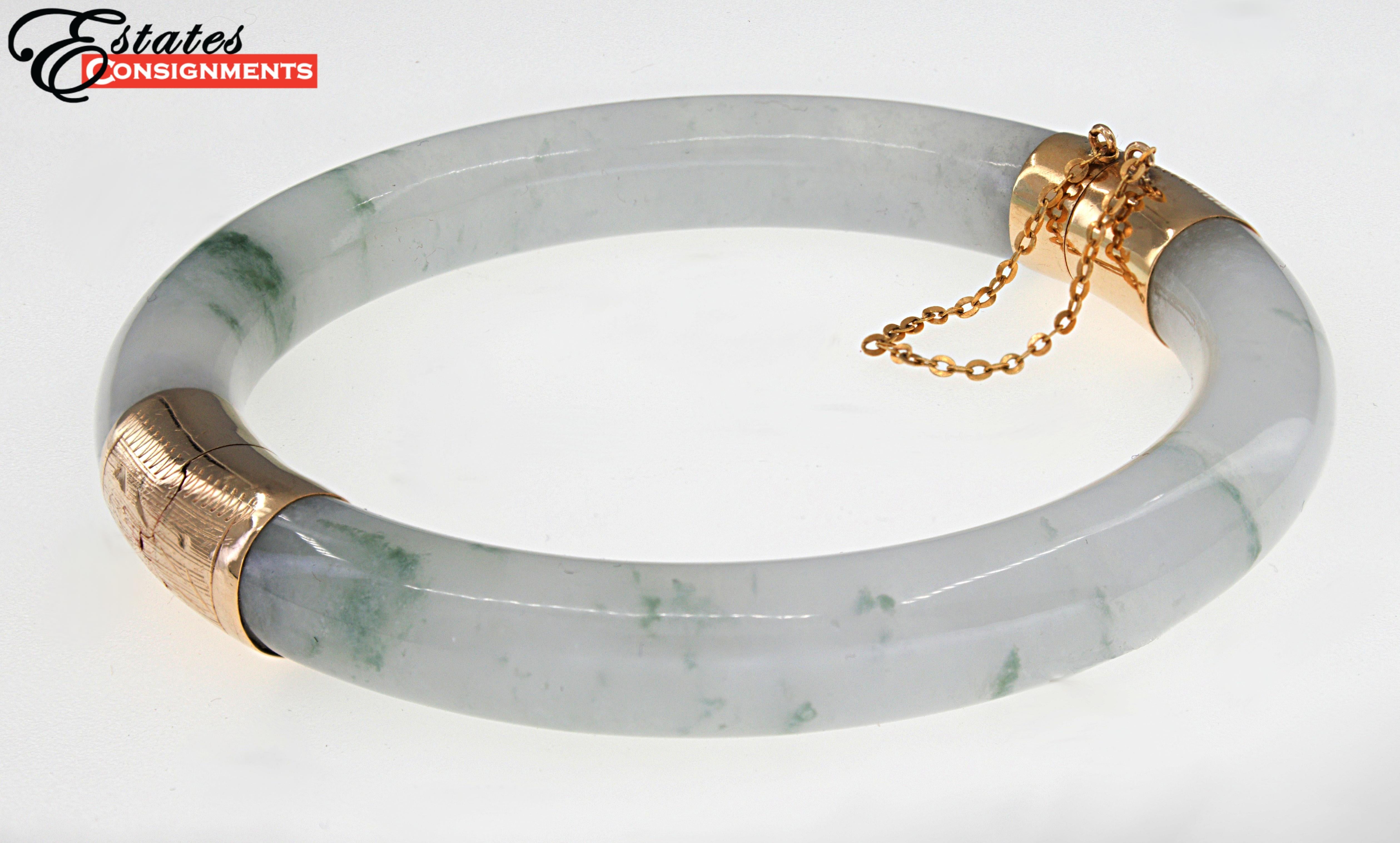 Artisan Natural Untreated GIA Certified Jadeite Jade, 14K Gold Hinged Bangle Bracelet For Sale