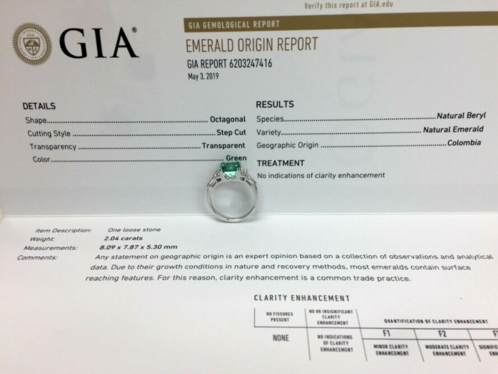 Natural Untreated Green Emerald 2.04 Ct GIA Cert W/ 18 K Gold and Diamond Ring 5