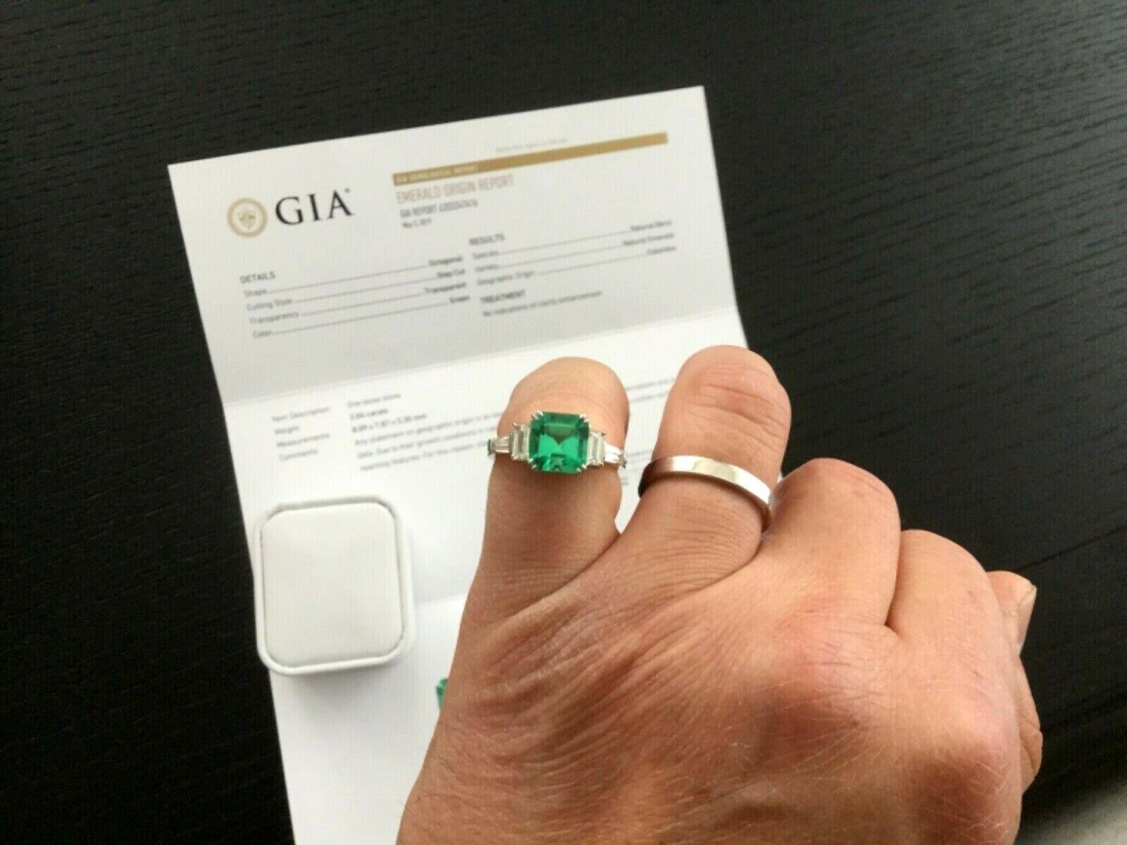 Emerald Cut Natural Untreated Green Emerald 2.04 Ct GIA Cert W/ 18 K Gold and Diamond Ring