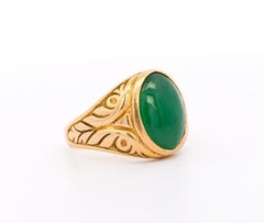 Natural Untreated Jadeite Jade in 22K Carved Gold Solitaire Unisex Ring