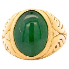 Natural Untreated Jadeite Jade in 22K Carved Gold Solitaire Unisex Ring