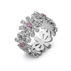 Natural Untreated Pink White Diamond Flower Round 18 Karat White Gold Ring