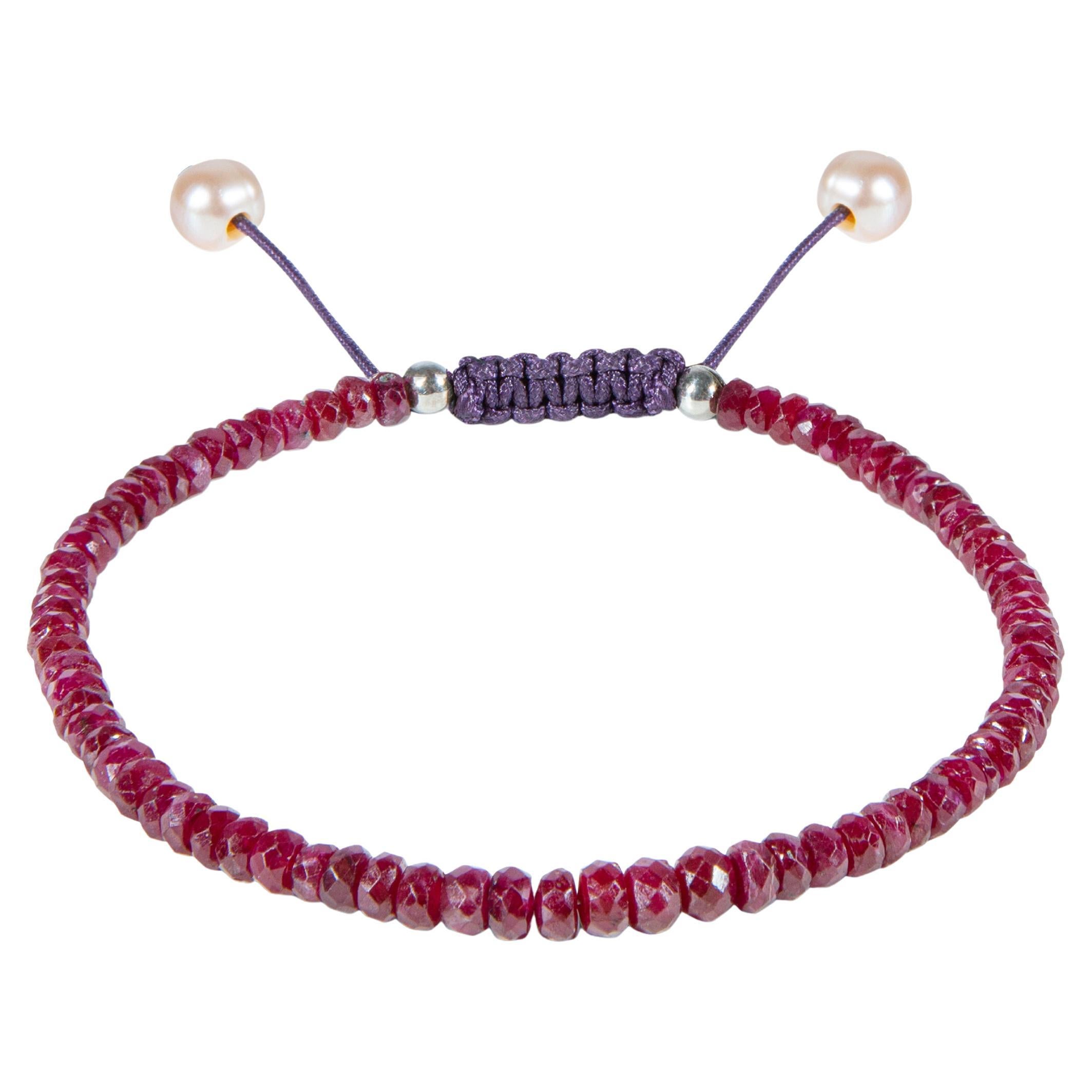 Natural, untreated ruby beaded bracelet with drawstring closure For Sale