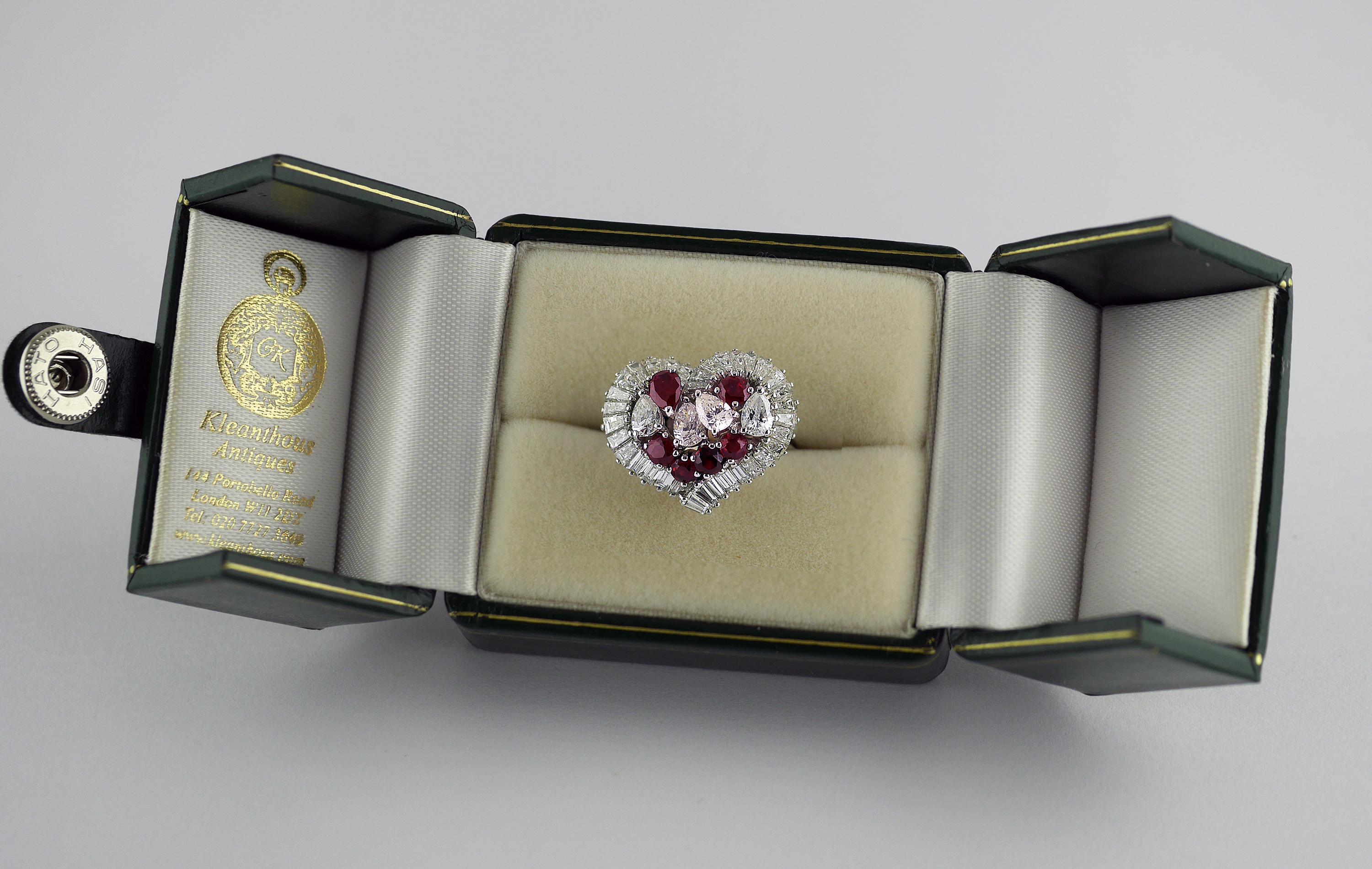 Pear Cut Natural Untreated Ruby Diamond Heart Cluster Ring, 1975