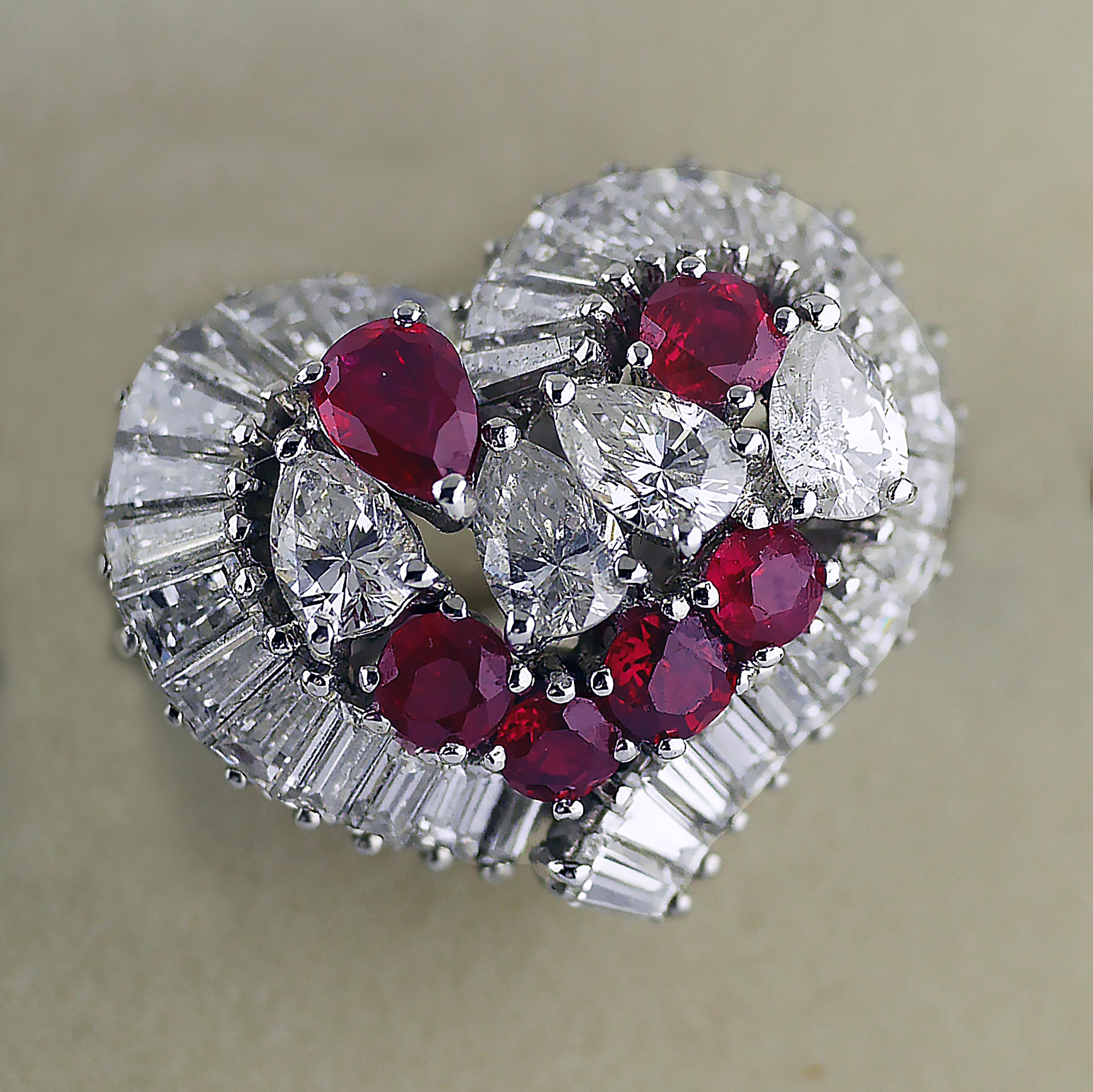 Natural Untreated Ruby Diamond Heart Cluster Ring, 1975 In Excellent Condition In London, GB