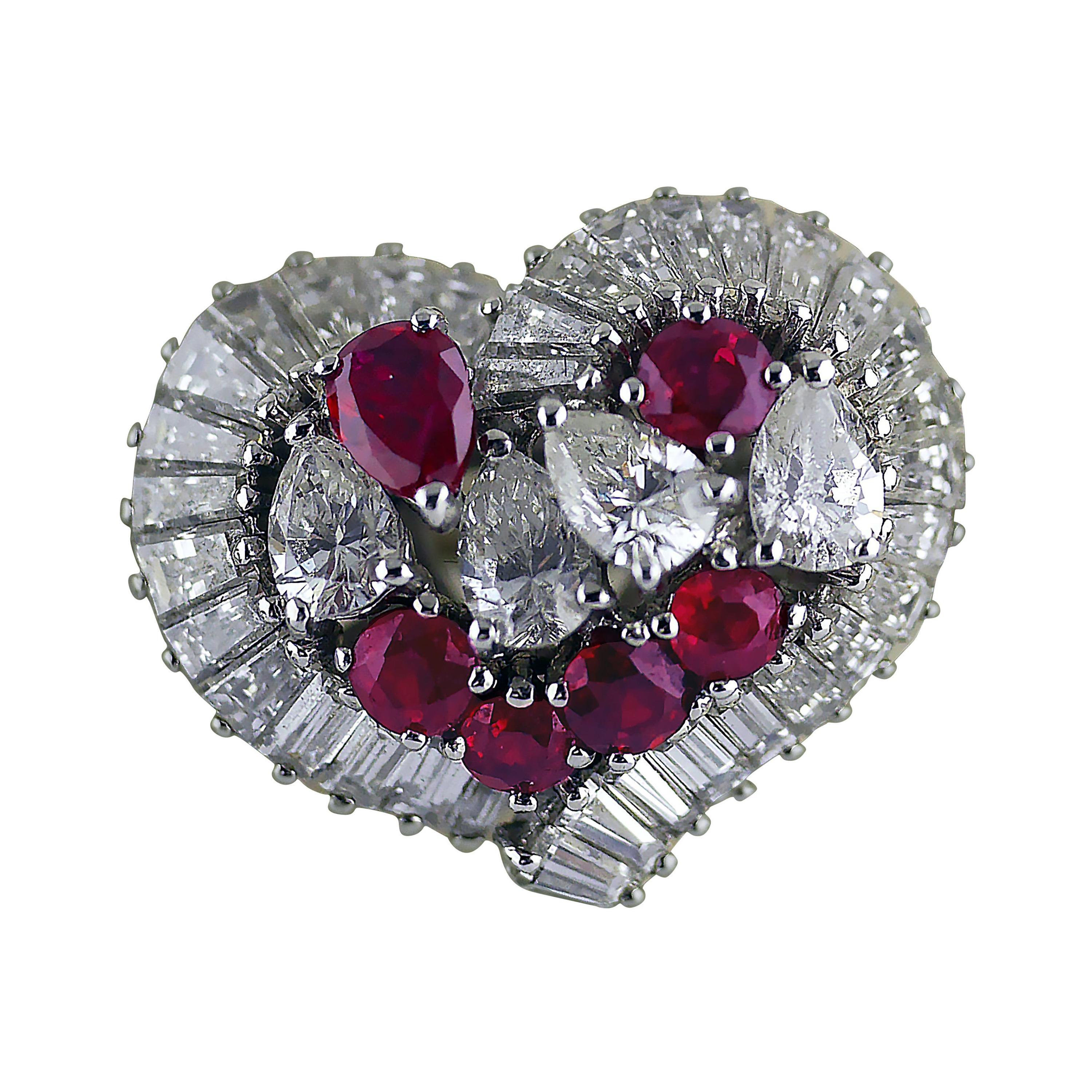 Natural Untreated Ruby Diamond Heart Cluster Ring, 1975