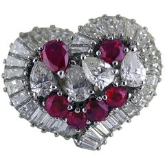 Natural Untreated Ruby Diamond Heart Cluster Ring, 1975