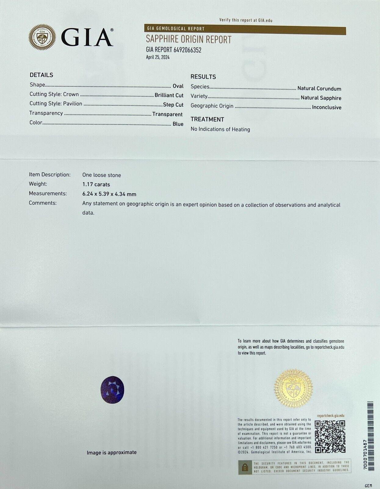 NATURAL Untreated Sapphire 1.17ct GIA CERTIFIED DEEP Blue Oval Cut Unheated Gem

Natural Untreated GIA Certified Deep Blue Sapphire Gemstone.
1.17 Carat sapphire with a top grade deep blue colour. Also has excellent clarity, very clean stone.
