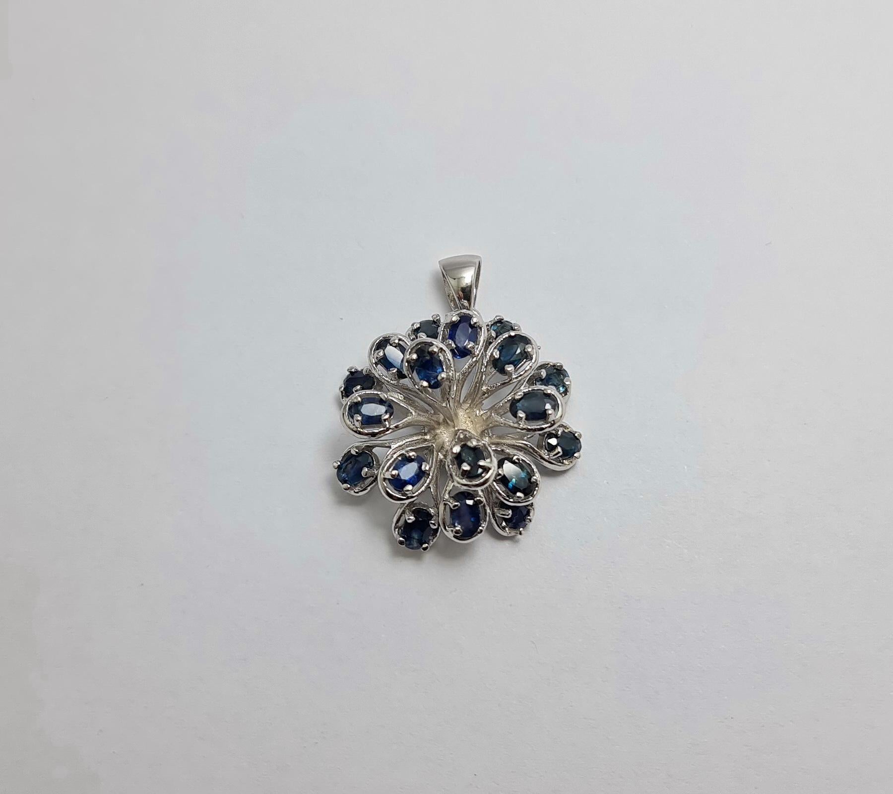 Natural Untreated Sapphire Firework Burst Sterling Silver Rhodium Plated Pendant In New Condition For Sale In Los Angeles, CA