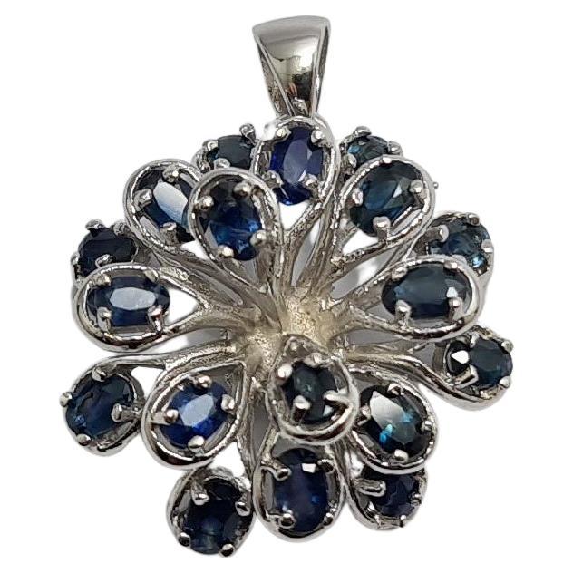 Natural Untreated Sapphire Firework Burst Sterling Silver Rhodium Plated Pendant For Sale