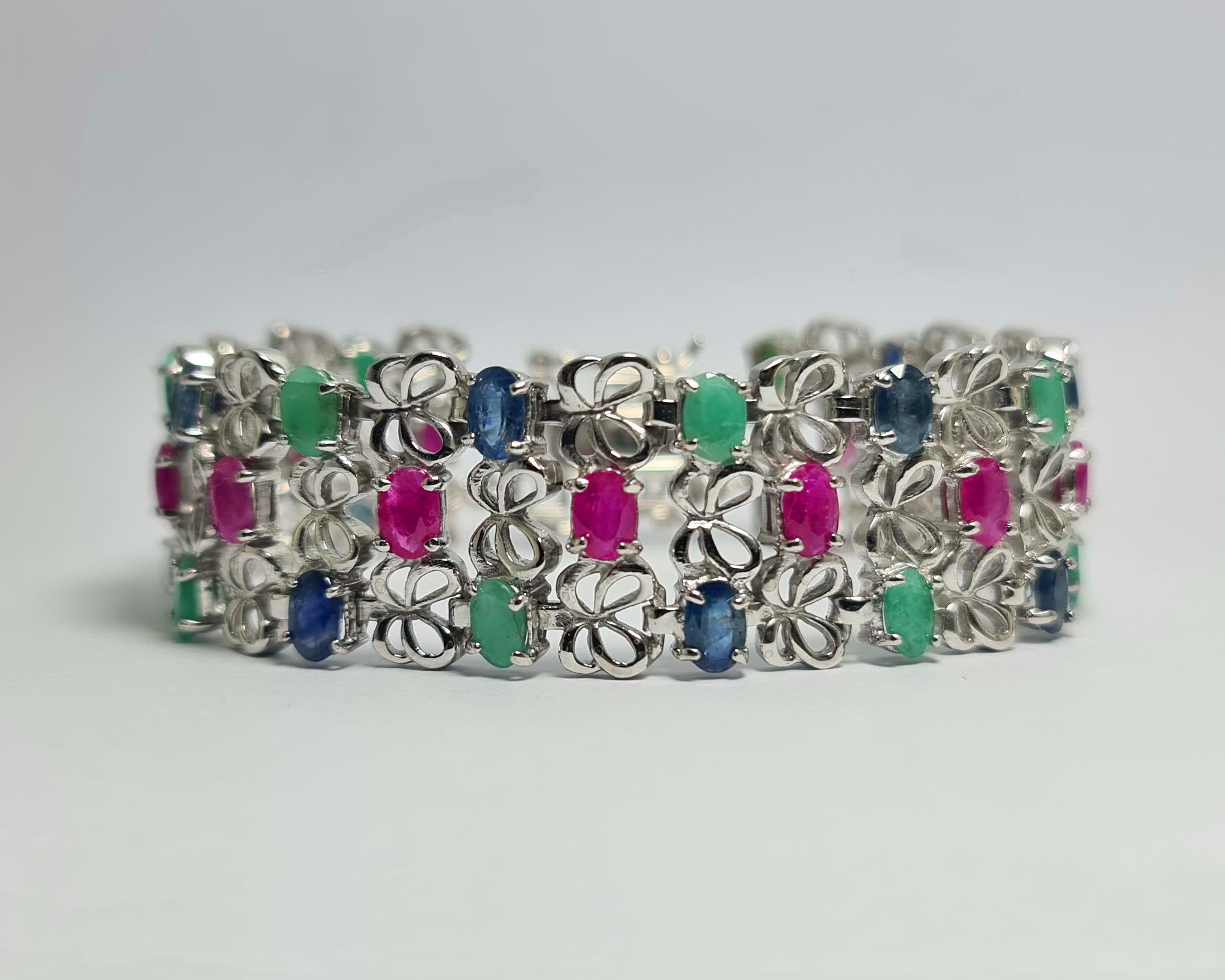 Natural Untreated Sapphire,Ruby and Emerald Tutti Frutti Oval  Gems set in Pure .925 Sterling Silver Rhodium Plated Bracelet 