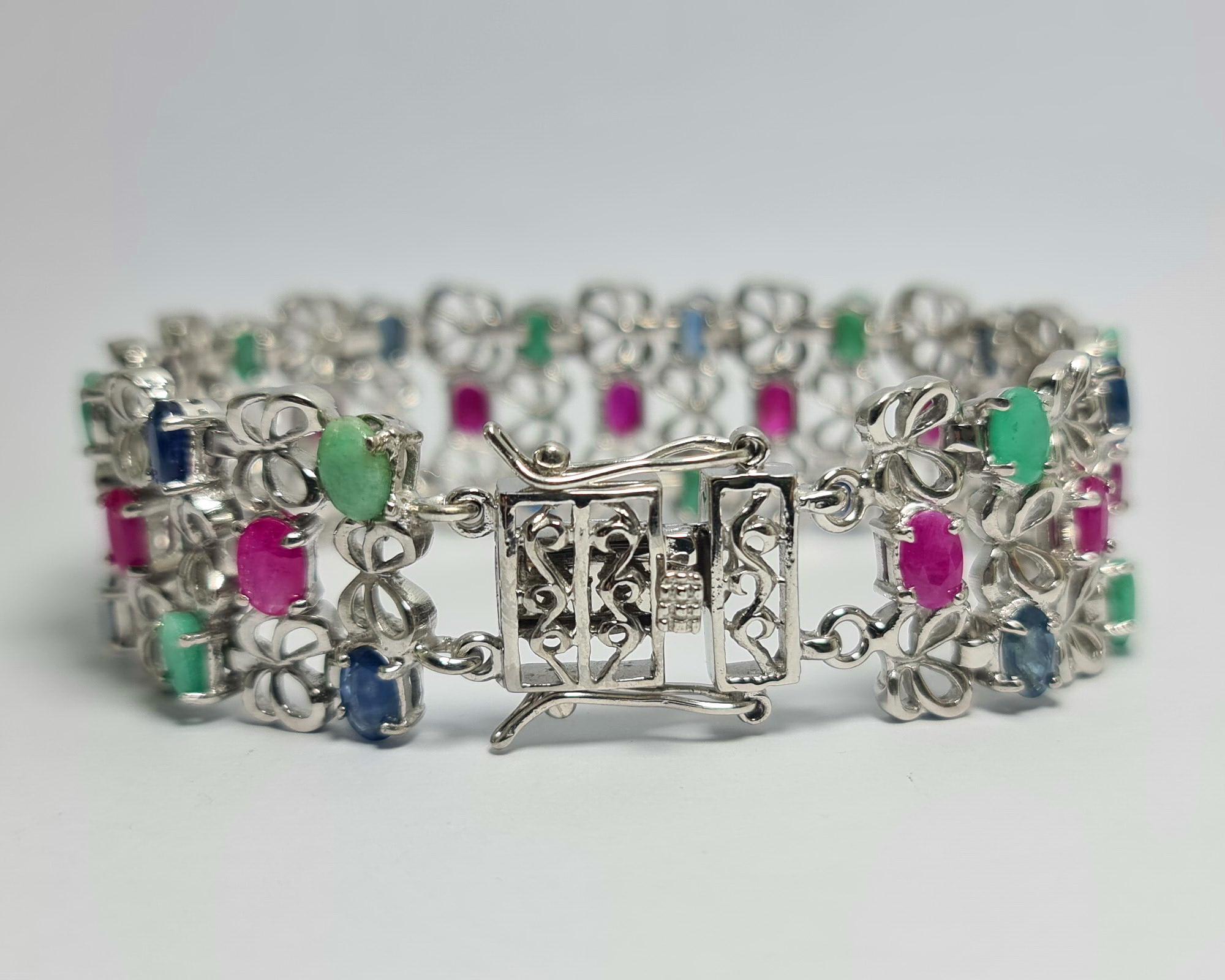 Art Deco Natural Untreated Sapphire Ruby Emerald Sterling Silver Rhodium Plated Bracelet  For Sale